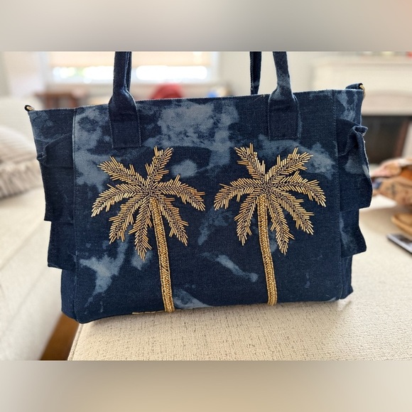 Handbags - America and Beyond Navy Blue Palm Tree Tote Bag Hand Stitched 11x17